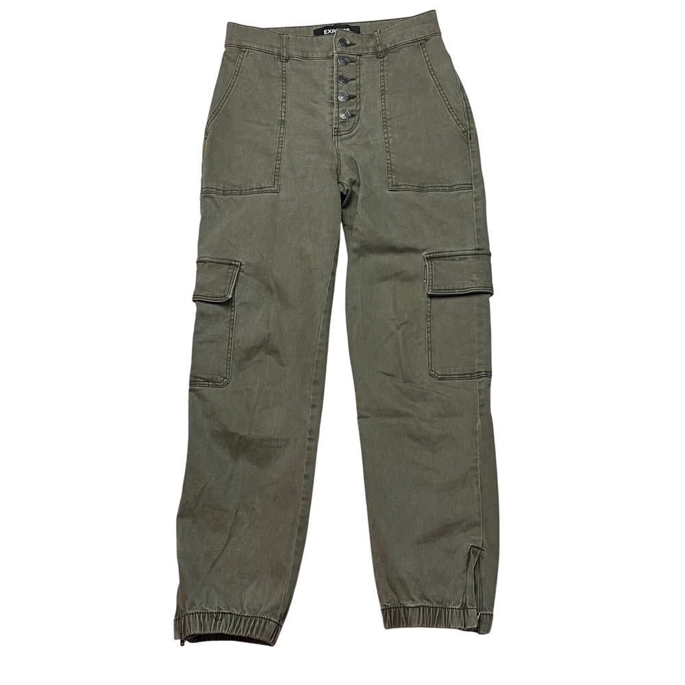 Express Cargo Pants Womens 2R Olive Green High Rise Ankle Button Fly Utility